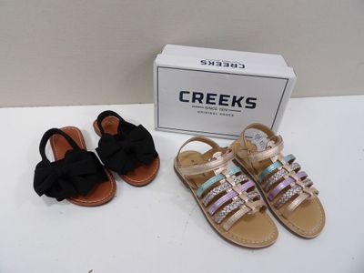 deux paires de sandales pour enfants et une boîte à chaussures posées sur une table