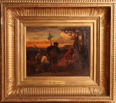 an image of a painting of a man riding a horse in a field