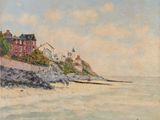 une image représentant un tableau représentant une scène de plage avec des maisons au bord de l'eau