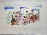 l'image d'un dessin représentant un groupe de personnes à cheval