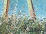 a painting of two giraffes standing in a field