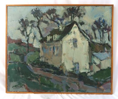 une peinture à l'huile représentant une maison blanche sur une colline, avec des arbres en arrière-plan