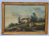 an oil painting of a house on a hill with trees in the background