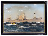 tableau représentant un navire en mer avec un bateau jaune à l'eau