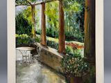 une peinture à l'huile représentant une terrasse avec une table et des chaises