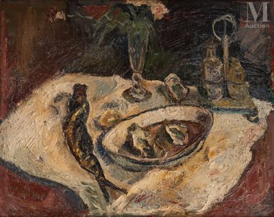 a painting of a plate of food on a table