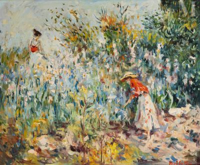 an oil painting of a woman in a garden with flowers