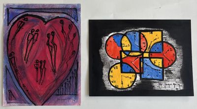 two paintings of a heart and a flower on a white wall