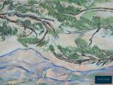 a picture of a painting of a mountain and trees