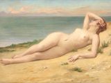 painting of a nude woman laying on a beach by the ocean