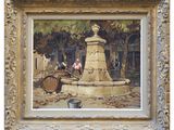 an image of a painting of a water fountain in a park