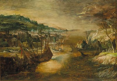 un tableau représentant un paysage fluvial avec des bateaux sur l'eau
