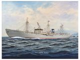 painting of a large white ship in the middle of a body of water