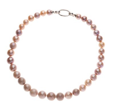 a pink pearl necklace with a silver clasp on a white background