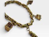 an image of a gold bracelet with charms and a lock