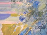 peinture abstraite représentant un vase bleu et jaune contenant des fleurs