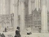 a drawing of a church with people in it