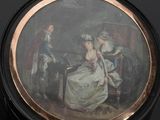 tableau représentant une femme jouant du piano, en compagnie d'un homme et d'une femme assis à une table