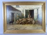 painting of a man with sheep and a dog in front of a building