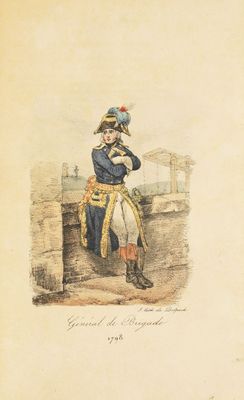 an old drawing of a man in a military uniform standing next to a building