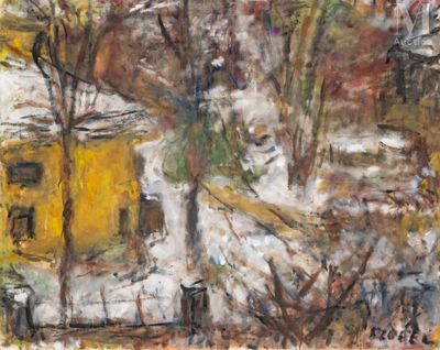 une image représentant une peinture d'une maison jaune dans la neige