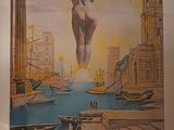 une photo d'un tableau représentant une statue dans le ciel