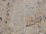several drawings of people and animals are shown on a sheet of paper