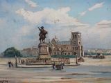 un tableau représentant un grand bâtiment surmonté d'une statue