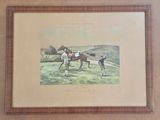 painting of two men leading a horse in a field with a dog