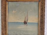 an oil painting of a sailboat in the ocean with birds flying by
