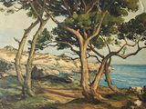 un tableau représentant un groupe d'arbres au bord de l'eau
