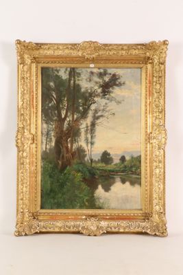 an oil painting of a river scene with trees in the background