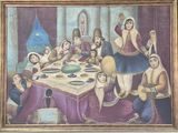 peinture d'un groupe de personnes assises autour d'une table dans une pièce