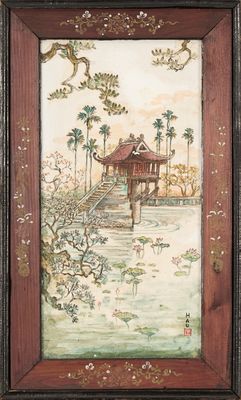 une image d'une photo d'un tableau représentant une maison dans l'eau