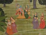a painting of a group of women playing with a dog in a field