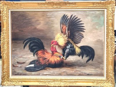 Eg. NOULET (XIX-XXe). "Combat de coqs", huile sur toile, sig…