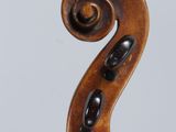 a close up of the back of a violin with a scroll