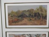 two paintings of trees in a white frame on the wall