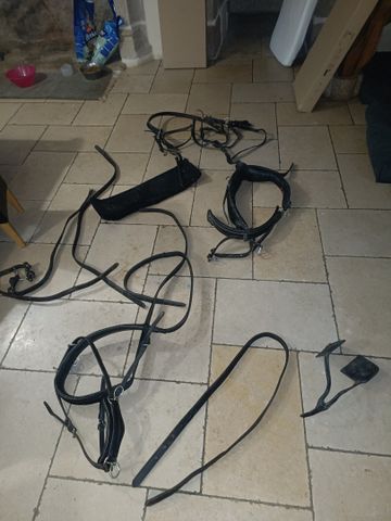 Lot de harnais d’attelage et selle en cuir. Vente sur désignation...