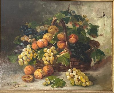 tableau représentant une corbeille de fruits contenant des raisins, des pêches et des prunes
