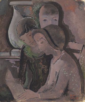 painting of two people sitting at a table with a vase in the background