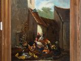 an oil painting of chickens and chickens in a courtyard by a building