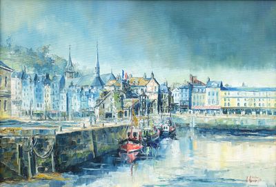 une peinture représentant une scène portuaire avec des bateaux dans l'eau