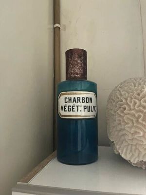 une bouteille bleue de « Veget's Pully » posée sur une étagère à côté d'un corail blanc