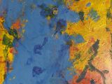 painting of a blue and yellow abstract painting on a red and yellow background