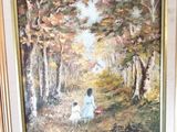 painting of a woman and child walking in a wooded area