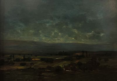 une image d'une peinture représentant un ciel nuageux au-dessus d'un champ