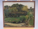 peinture sur chevalet représentant un paysage avec des vaches paissant dans un champ