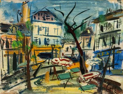 an image of a painting of a street scene with a bench and umbrellas