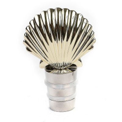 a silver vase with a fan on top of it